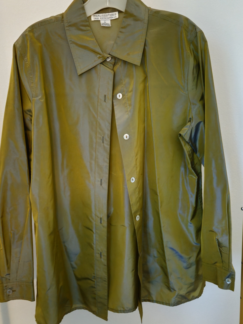 Saks Fifth Avenue Green Charmeuse 100% Silk  Button-Up Shirt